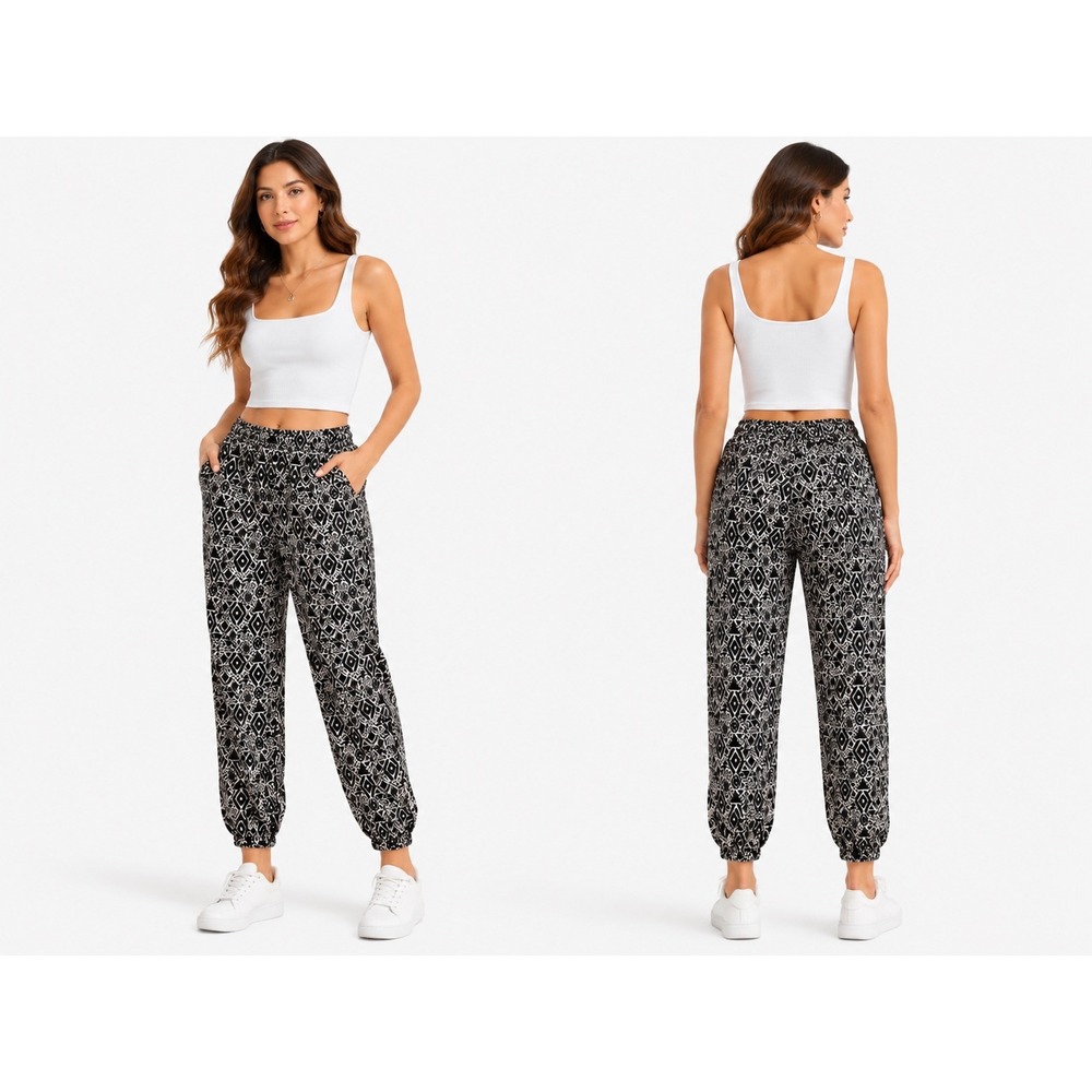 Mudd Challis Pants Womens Large‎ Black White Geometric Smocked Jogger Boho New
